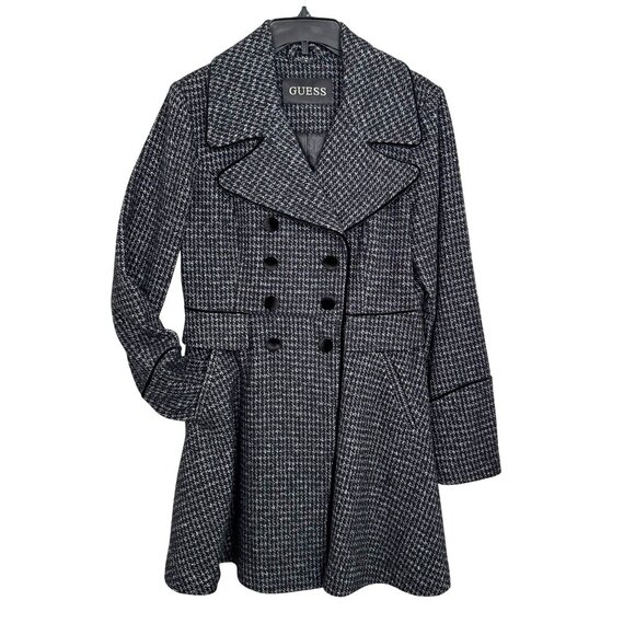 GUESS Houndstooth Wool Peacoat | Black & White Double-Breasted | Size Medium - Picture 1 of 13